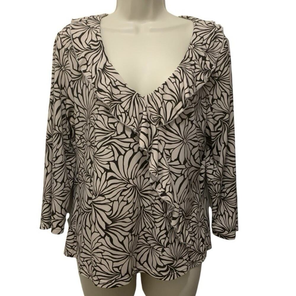 Vintage Y2K INC Beige Espresso Brown Floral Ruffle Fitted Top 3/4 Sleeve XL
